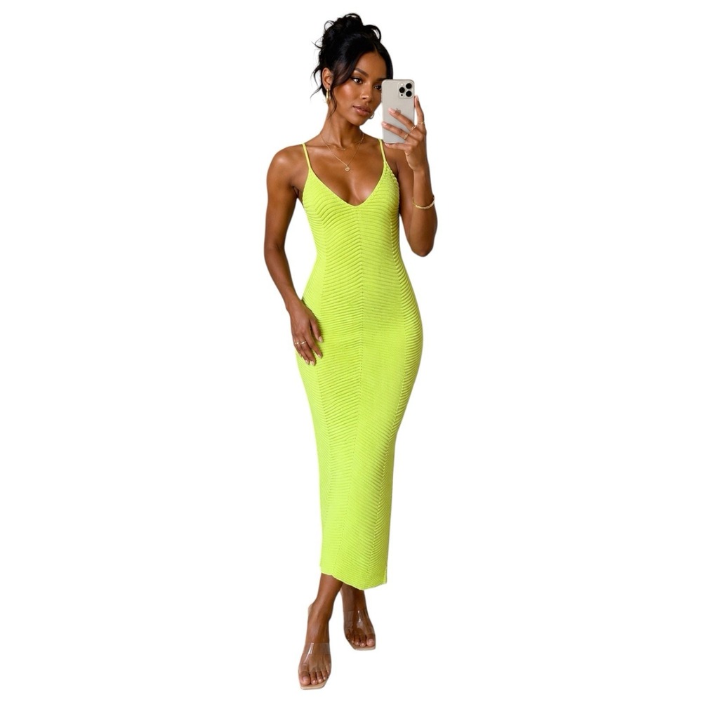 Runaway Nadia Midi Dress Citrus Green Lime Ribbed Knit Bodycon Sz L